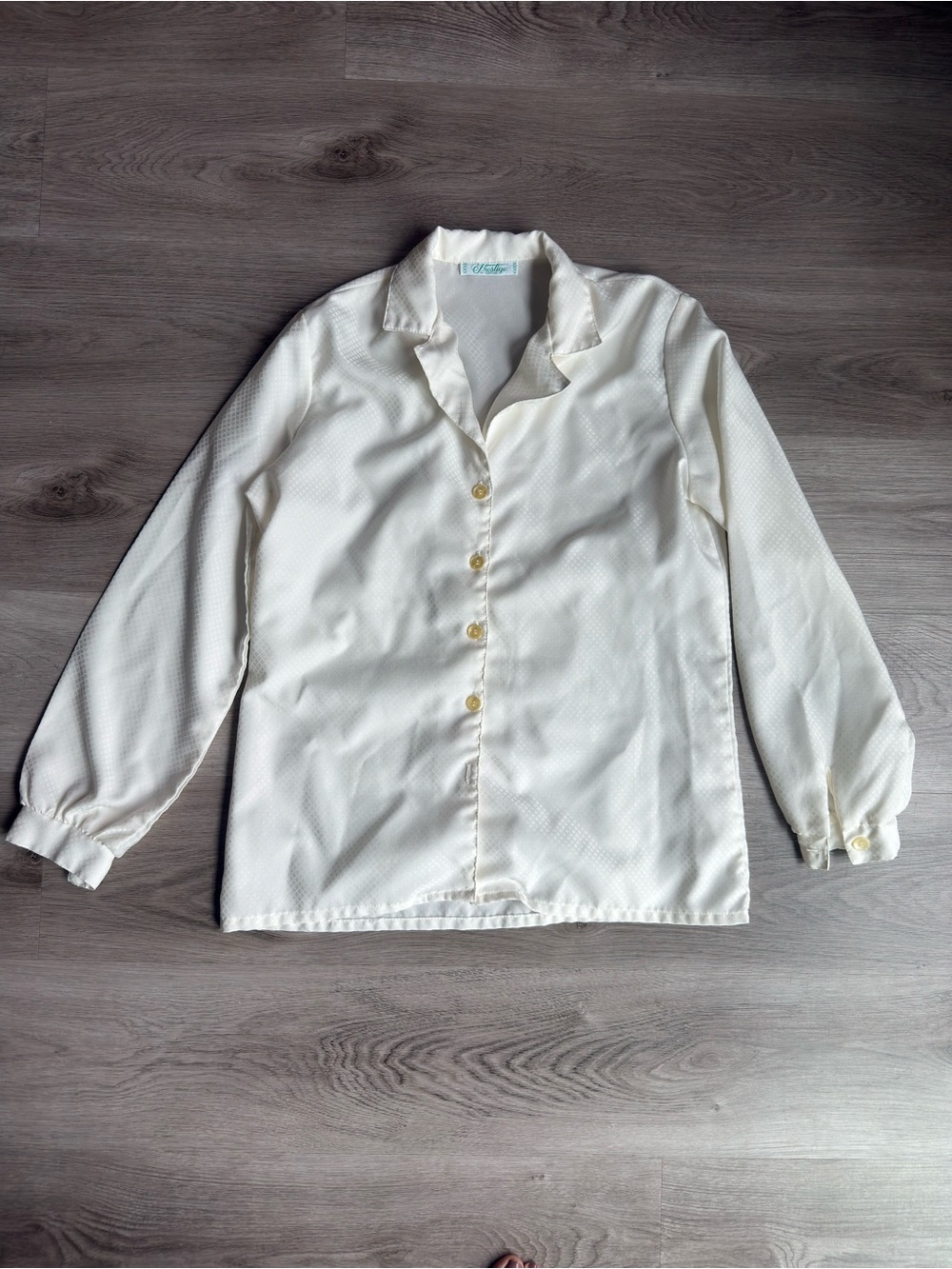 Vintage 70s 80s Ivory Satin Jacquard Blouse — Modern Size M/L